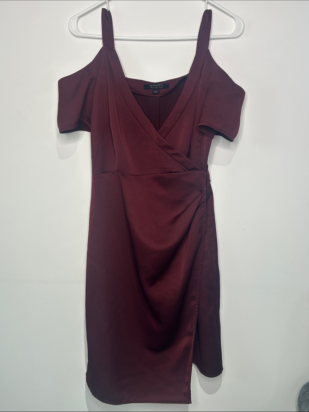 AllSaints Oxblood Burgundy Cold Shoulder Faux Wrap Dress (fits like a US 4)